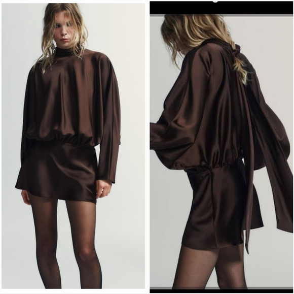 Zara Satin Effect Scarf Dress Brown NWT - Picture 13 of 15
